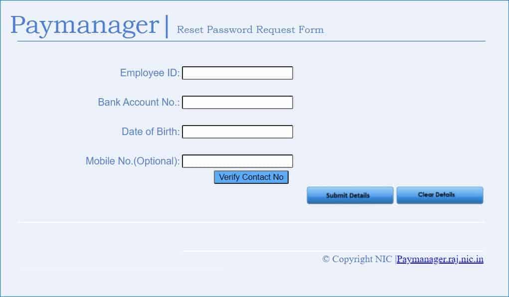 Rajasthan Pay-manager portal, password reset process