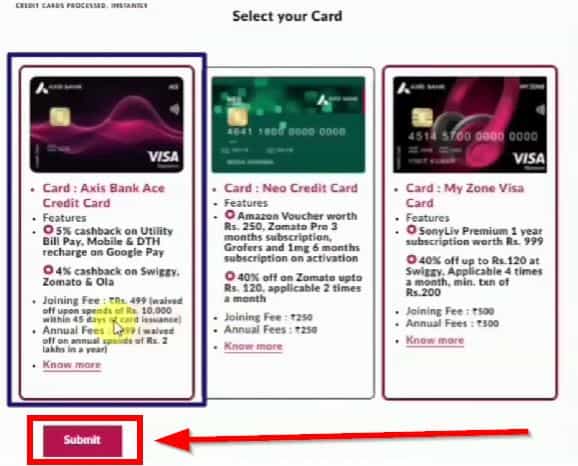 Axis bank credit card select option